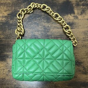 Zara Green Quilted Shoulder Bag Purse Handbag w/ Thick Gold Chain